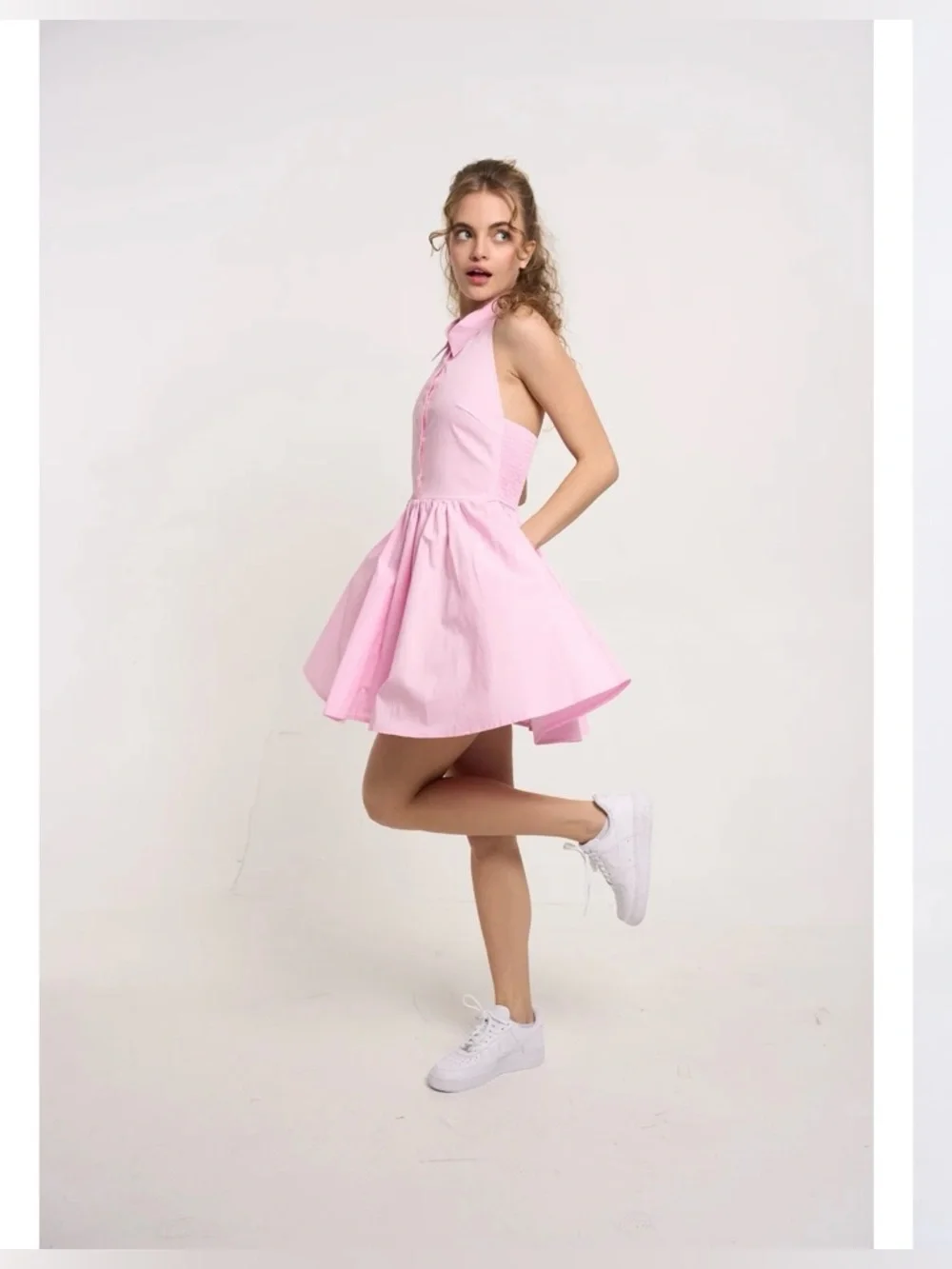 Hunter & Brown Pink Halter Fit Flare Dress Medium Cotton Open Back